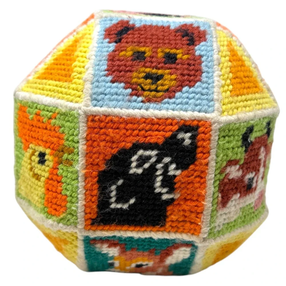 Vintage Needlepoint Soft Ball Toy Multicolor Animal Faces Nursery Decor 70's
